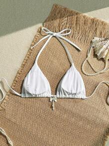 Sweetra Springbreak Swim Mod Solid Color Textured Fabric Bow & Pearl Decor Halter Triangle Cup Swimwear Tops