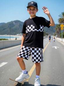 SHEIN Tween Boy Casual Checkered Print T-Shirt And Shorts 2 Pieces Set, Summer, School, Campus, College