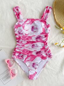 SHEIN Traje de baño de una pieza con estampado floral y fruncido de tul para niña preadolescente, lindo y adecuado para primavera y verano