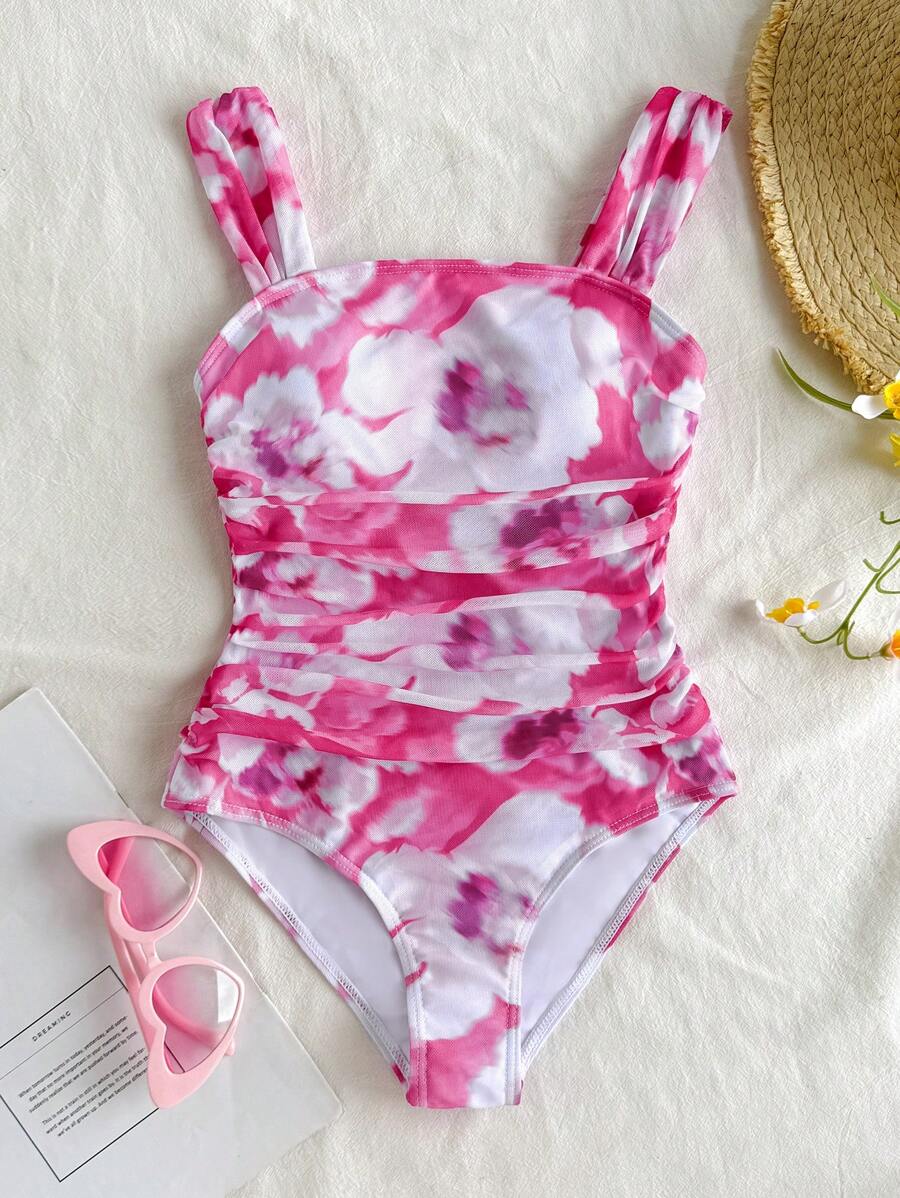 SHEIN Traje de baño de una pieza con estampado floral y fruncido de tul para niña preadolescente, lindo y adecuado para primavera y verano