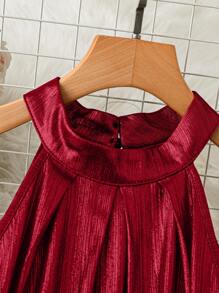 SHEIN Clasi Váy chữ A cổ yếm màu vàng thanh lịch dành cho nữ, thời trang mặc hàng ngày, đi làm và dự tiệc, không tay - Màu Đỏ Sâu - Xem 4