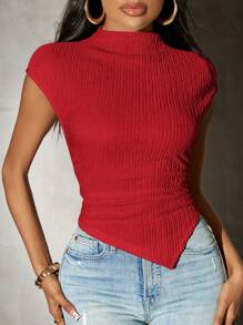 SHEIN SXY Summer;Spring Plain Knit Asymmetric Hemline Women T-Shirt - Red - View 7