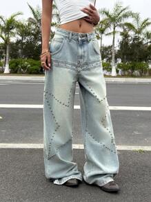 Muchica Quần Jeans Ống Rộng Đính Đinh Tán Ngôi Sao Mùa Hè Cho Nữ - Màu xanh Ô liu - Xem 5