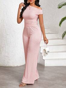 SHEIN Lady Women Two Pieces Outfits For Daily Wear Stretch Texture Asymmetric Collar Top And Wide-Leg Pants With Elastic Waistband Pants Women's Two Pieces Set Casual Everyday, Elegant For All Seasons Business Casual Woman Women Two Pieces Outfits Office - Pink - View 3