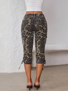 SHEIN Tall Women's Leopard Print Cargo Pocket Side Drawstring Casual 7/8 Length Jeans - Yellow - View 2
