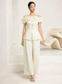 Heiryn 女士时尚优雅不对称肩部上衣和裤子两件套 - 杏色 - 查看 5