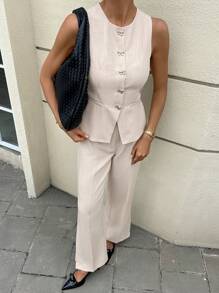 Siren Gaze Aprikosenfarbe Schmetterling Schnalle Damen Weste und Hose elegantes Hosenanzug Set - Aprikosenfarben - Übersicht 7