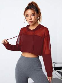 SHEIN Sports Solid Color Mesh Patchwork Hooded Long Sleeve Sweatshirt