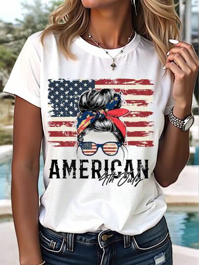 SHEIN LUNE Versatile Fitted Flag Girl Portrait Graphic Round Neck Short Sleeve Women T-Shirt, Slightly Sheer Suitable For Summer 4th Of July,Fourth Of July,4th Of July Women,4th Of July Dress,Usa Top,Usa Shirt,4th Of July Clothes,4th Of July Outfits,USA,American Flag Shorts. Suitable For Going Out