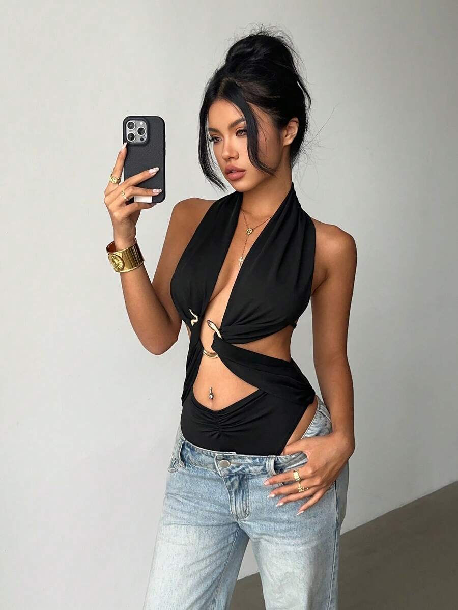 Aloruh 女式露背吊带紧身衣，性感夏日风格 - 黑色 - 查看 1