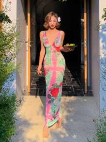 DAZY Sexy Form-Fitting Floral Print V-Neck Stylish Vacation Bodycon Dress Wedding Women Dresses