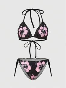 ROMWE Avant Summer Island Girl Hibiscus Print Ruched Tie Front Wireless Lingerie Bra Set, Kawaii - Black - View 2