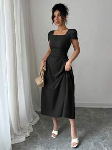 Elenzga Vestido midi elegante de mujer con manga abullonada, cuello redondo, cintura marcada y silueta estilizada, ideal para paseos, vacaciones y tardes de té, en primavera/verano