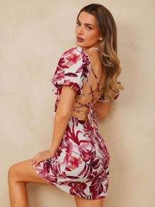 L'Amorae Puff Sleeve Backless Tropical Print Summer Mini Sun Dress, Summer Outfits For Women, Brunch Outfits For Women - Multicolor - View 2