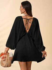 Travachic Abito mini da vacanza con maniche lunghe, scollo a V, lavorazione intrecciata, tinta unita, per la primavera/estate da donna - nero - Visualizzare 2