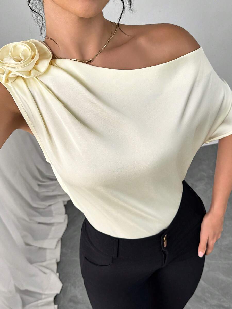 SHEIN Clasi High-End Satin Apricot Color Oblique Shoulder 3D Floral Detail Women's Blouse Work Women Business Casual Woman Teacher For Women Top Work Women - Apricot - View 1