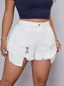 SHEIN ICON Plus Size Distressed Frayed Denim Shorts With No Stretch - White - View 1