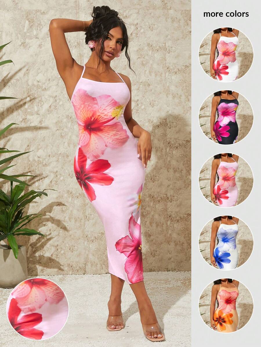 SHEIN SXY Vestido largo de ajuste ajustado con diseño de tirantes de espagueti con estampado floral sin espalda para vacaciones de verano, playa y selva