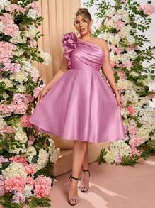 Lovelzi 大码女式优雅浪漫缎面不对称领口褶皱夸张 3D 花卉 A 字中长连衣裙，适合舞会、庆典、派对、正式场合、舞会礼服