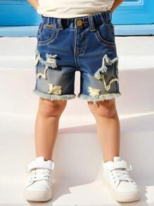 Baby Mädchen Lässig Street modern, kühne avantgardistische retroaktive, verwaschene, weite 5-Zoll-Bermuda-Shorts, mit elastischem Bund, dekorativen Vordertaschen, hinteren Utility-Taschen, ausgefransten Säumen, Sternstickerei, Katzenschnurrhaaren und Verblassungseffekten. Modisches und vielseitiges Jeansstück