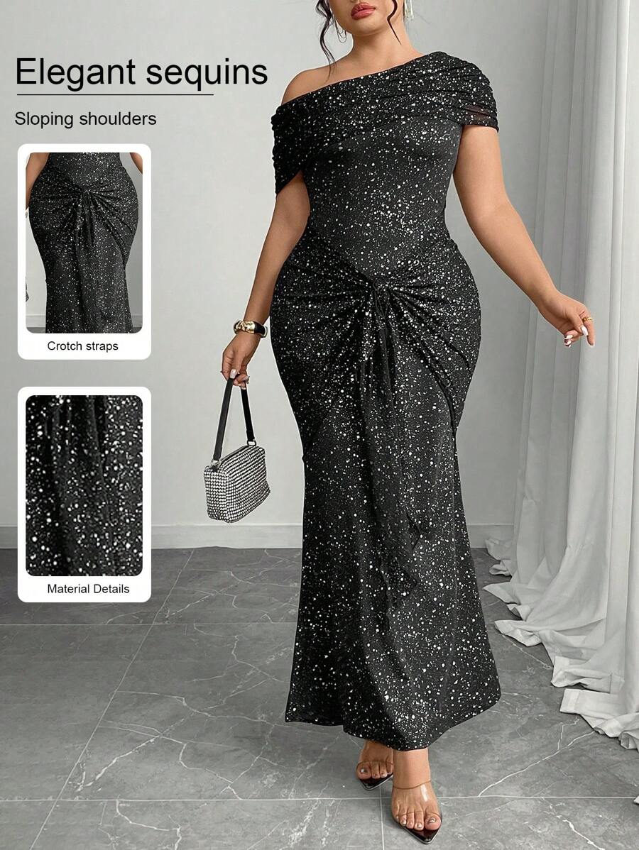 Elenzga Off-The-Shoulder Patchwork Design Elegant Flowing Floor-Length Spring Formal Women Bow Dress, Plus Size - Black - View 1