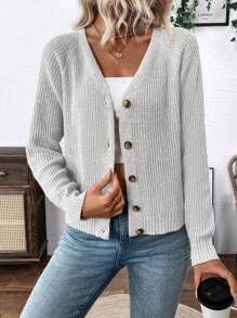 EMERY ROSE 女士百搭V领开衫毛衣外套，宽松休闲简约风格