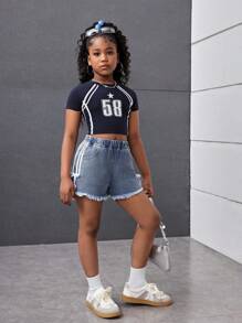 青少年女孩 Y2K 时尚侧条纹蝴蝶结宽松复古休闲宽松牛仔裤长短裤，带斜口袋和毛边下摆，女孩春夏假期服装，夏季音乐会狂欢节宽松短裤街头服装