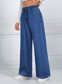 SHEIN PETITE 女式休闲修身直筒蓝色牛仔裤 - 淺色水洗藍 - 查看 3