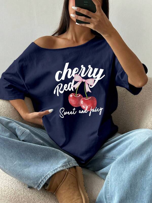 Flirla Plus Size Women Cherry Off Shoulder Short Sleeve T-Shirt, Plus Size