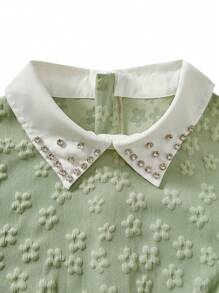 1 件青少年女孩花卉提花针织领水钻装饰优雅夏季礼服，适合用餐、生日、郊游、下午茶、度假 - 綠色 - 查看 3