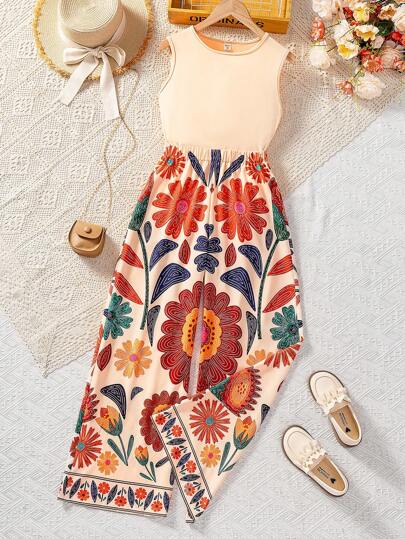 Solid Color Tank Top & Tropical Leaf Print Wide Leg Pants