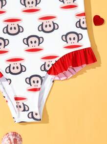 Paul Frank X SHEIN Traje de baño de una pieza con estampado de monos y lazo decorativo, adecuado para vacaciones de verano para niñas jóvenes - Multicolor - Ver 4
