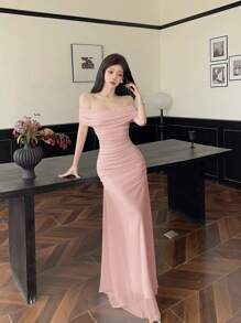 Modelyn Women Elegant Tulle Off Shoulder Ruched Waist Dress For Wedding Party - Pink - View 5