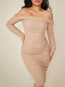 SHEIN SXY Đầm Xù màu trơn Gợi cảm - Màu be - Xem 6