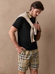 HIMLAND Ensemble De Chemise Polo Tricotée Patchwork À Carreaux Pour Hommes Avec Un Short Tissé