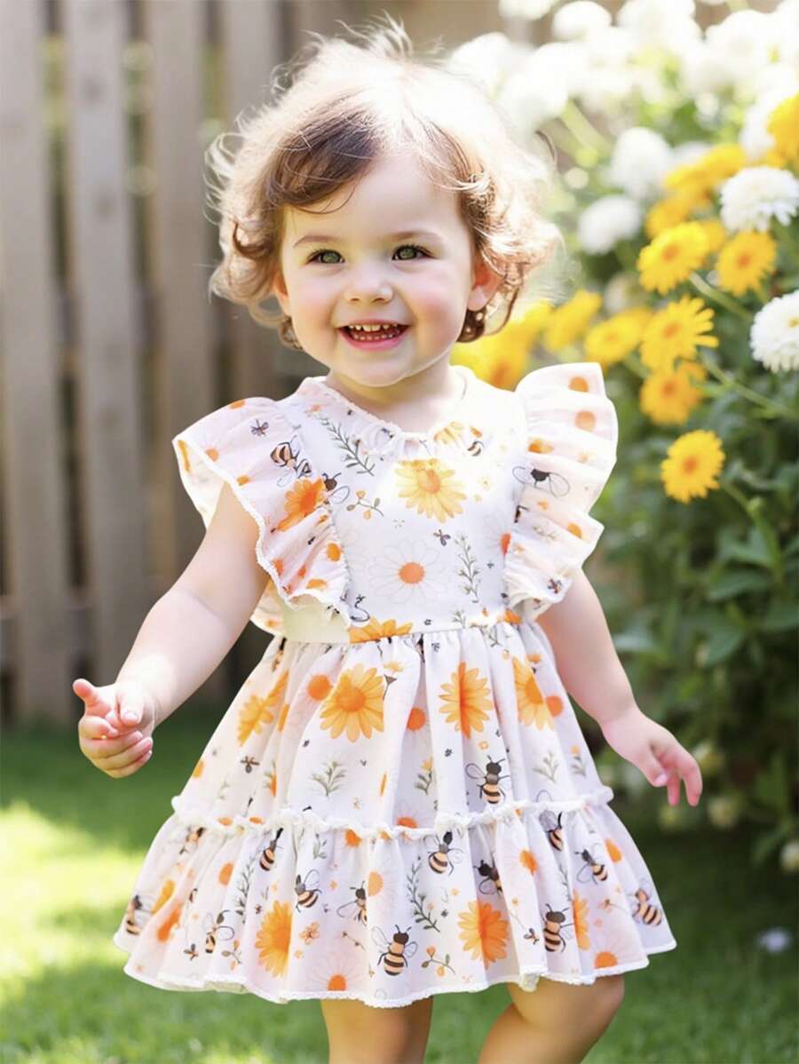 SHEIN 女婴夏季新款百搭碎花薰衣草蛋糕连衣裙 - 黃色 - 查看 1
