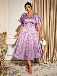 Allurite Abito elegante luccicante in tessuto jacquard con scollo a V e maniche corte, adatto per uscite, tè pomeridiano, ballo