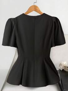 SHEIN Clasi 女式黑色圆领金色纽扣装饰A字短袖衬衫