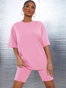 SHEIN SXY Drop Shoulder Solid Top & Biker Shorts Set