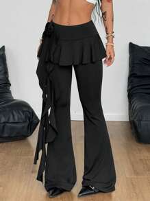 Coolane Women's Summer Festival Hippie Streetwear Western Wear Boho Y2K Gyaru Vintage Three-Dimensional Flower Ribbon Pleated Skirt Flare Pants - Black - View 4