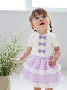 SHEIN Girls' Casual Solid Color Woven Collared Puff Sleeve Bow Decor Regular Fit Fashionable School Style Blouse - White - View 2