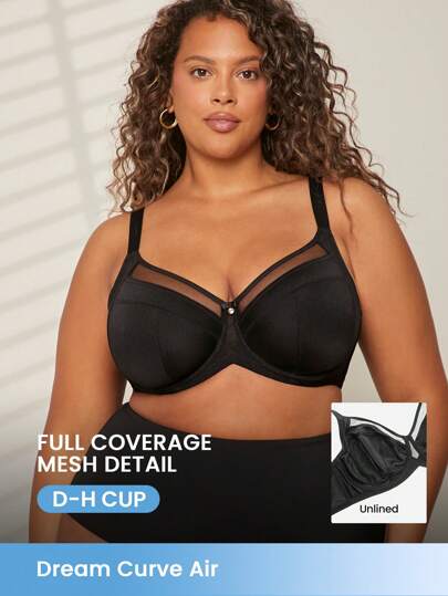 LUVLETTE Plus Unlined Full Coverage Side Support Mesh Sheer Black Airy Basic Breezy Comfort Minimizer Bra