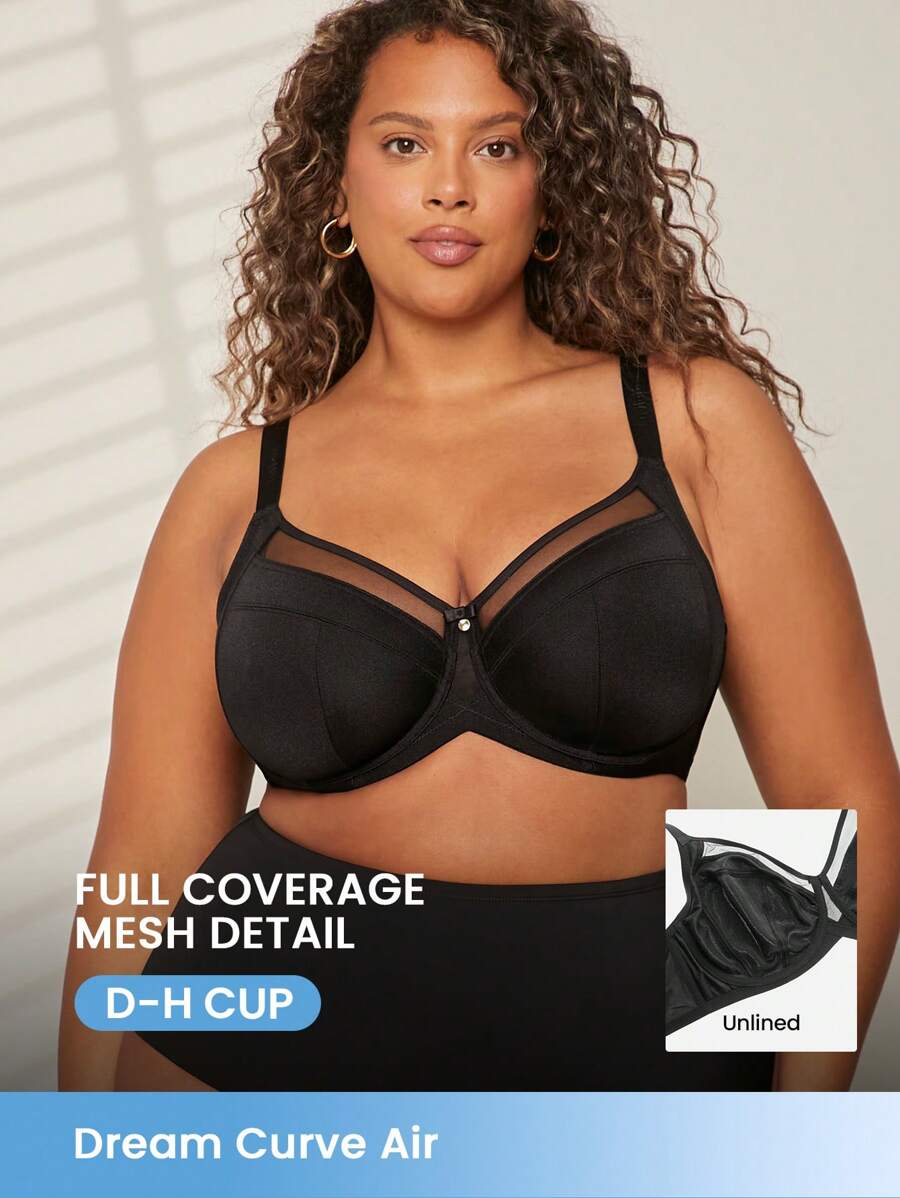 LUVLETTE Plus Curvy Lingerie Black Unlined Full Coverage Side Support Mesh Sheer Airy Basic Breezy Comfort Minimizer Bra - Black - View 1
