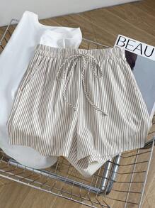 SHEIN LUNE 女士抽绳腰部条纹口袋宽松休闲短裤