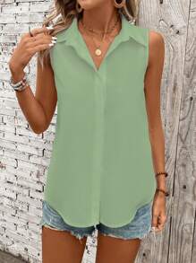 EMERY ROSE Solid Summer Casual Button-Front Sleeveless Shirt - Mint Green - View 3