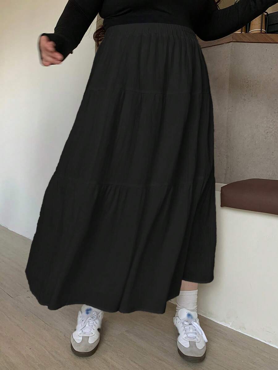 Dazy Plus 白色A字松紧腰宽松拼接半身裙春夏长裙休闲 - 黑色 - 查看 1