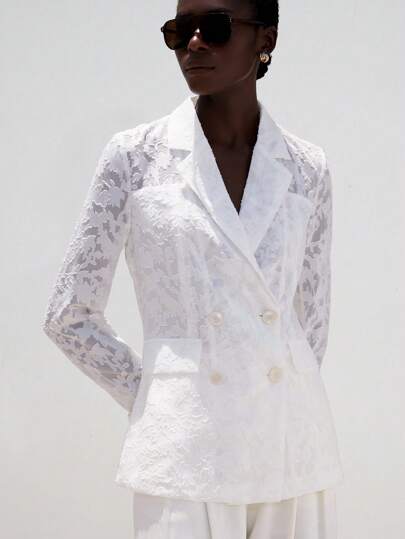 Aveloria Modichic 全新时尚优雅百搭女式轻盈奢华蕾丝提花面料透明精致双排扣西装外套