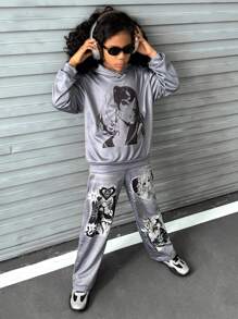 SHEIN Explorewe 2 件套 女童卡通印花连帽领长袖上衣和裤子休闲装 - 灰色 - 查看 1