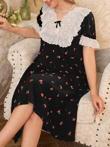 CottageSlumber Contrast Ruffle Trim Cherry Print Bubble Short Sleeve Women Nightgown Babydoll Holiday Season, Vacation