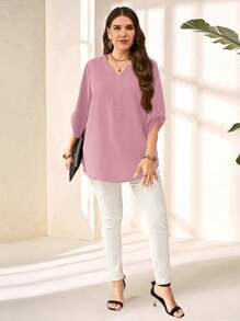 EMERY ROSE Plus Size Women's Purple Red 3/4 Sleeve Blouse, Early Spring - Pink - View 7